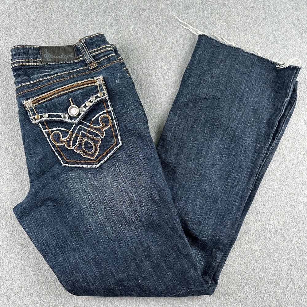 Soundgirl Jeans Women 11 Bootcut Blue Distressed Rhinestone Embellished